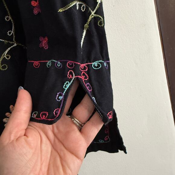 Life Style Black Linen cotton Blend Floral Embroidered Tunic Shirt Petite Large - Picture 5 of 5